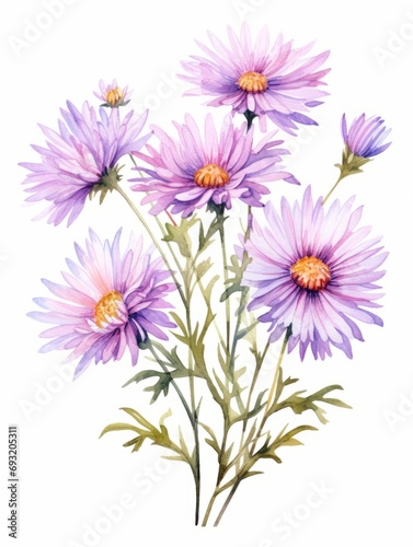 Isolated Watercolor Painting of Wild Aster Flowers AI Generated