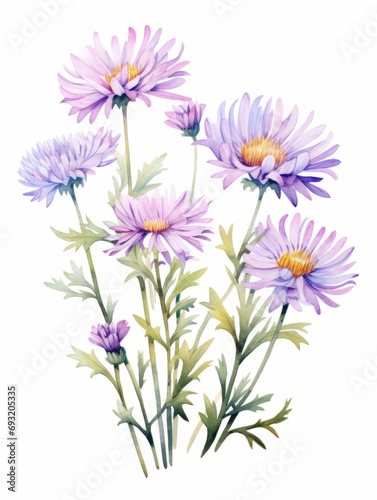 Field of Wild Aster Flowers on White Background AI Generated