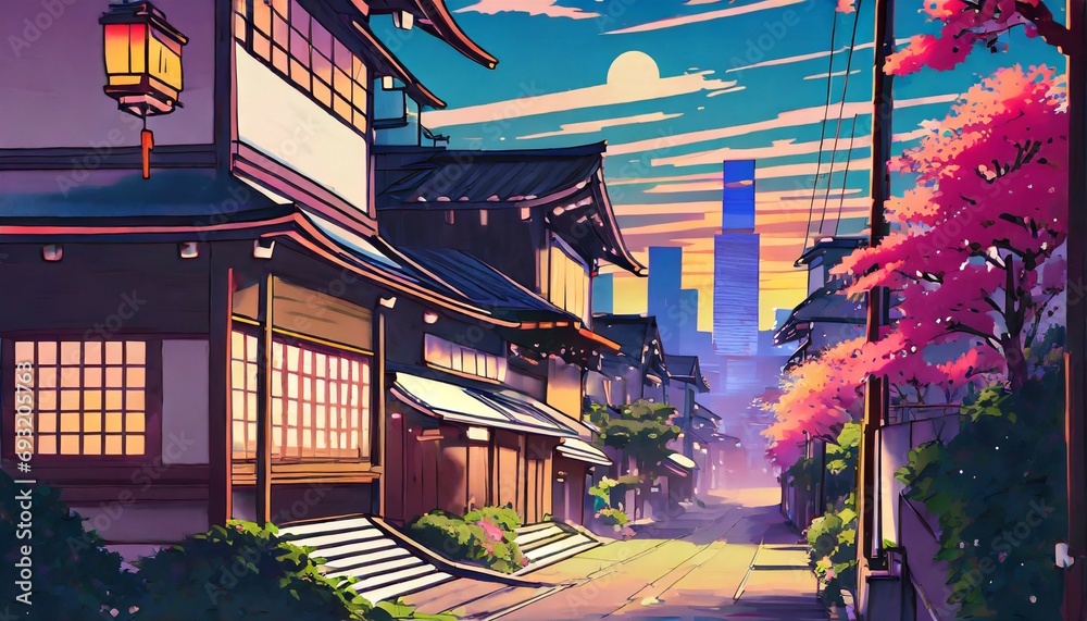 a beautiful japanese tokyo city town in the evening houses at the ...