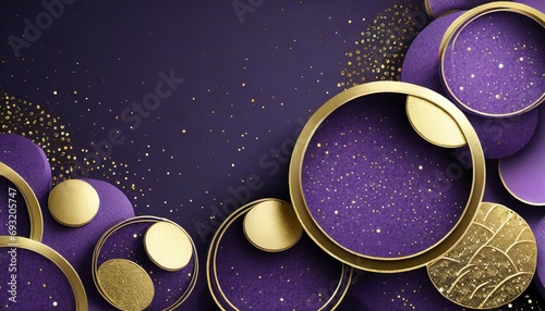 3d luxury abstract background illustration of purple circles with gold glitter edges on a dark purple background with room for text