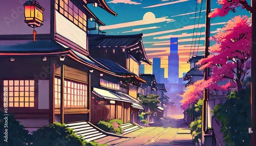 a beautiful japanese tokyo city town in the evening houses at the street anime comics artstyle cozy lofi asian architecture 16 9 4k resolution generative ai photo