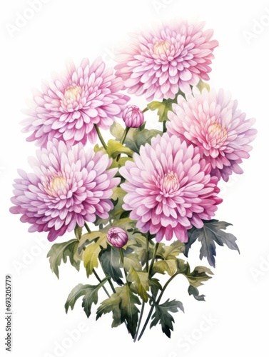 Isolated Watercolor Painting of Chrysanthemums on White Background AI Generated