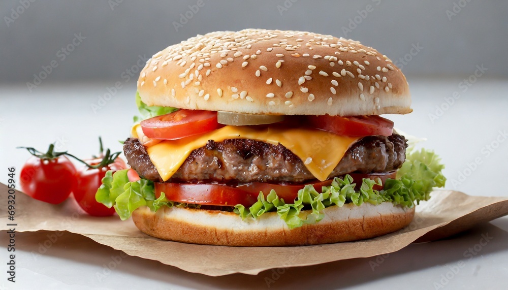 tasty double beef burger on white background big fresh juicy cheeseburger fastfood with beef patty tomatoes cheese cheddar lettuce ketchup for menu generative ai