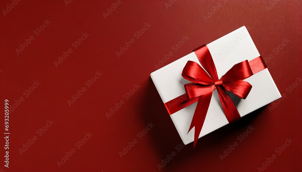 white gift box or top view of white present box tied with red ribbon bow on dark red background with empty space on the left side minimal conceptual 3d rendering