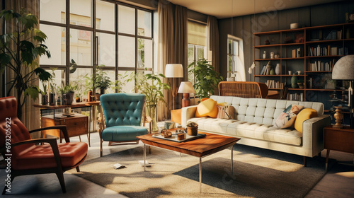 Vintage-inspired living space with classic retro design elements and loose furniture  evoking a sense of nostalgia and comfort.