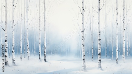  a painting of a snow covered forest with white trees in the foreground and a foggy sky in the background, with snow on the ground and in the foreground.