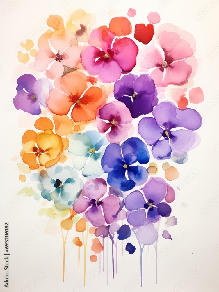 Rainbow Effect: Isolated Watercolor Painting of Flowers in Gradient from Red to Violet on White Background AI Generated
