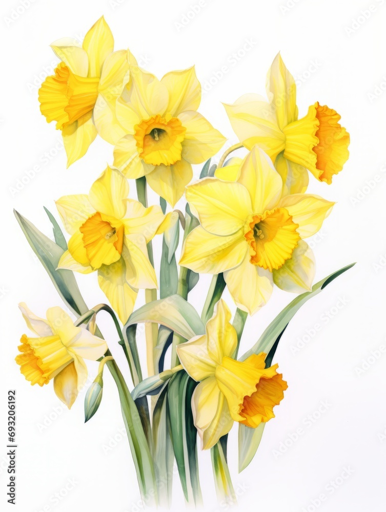 Isolated Watercolor Scene of Daffodils on White Canvas AI Generated