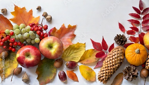 autumn leaves and autumn fruits on white background with copy space
