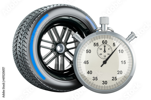 Racing wheel blue wet, compound type tyre with stopwatch. 3D rendering isolated on transparent background