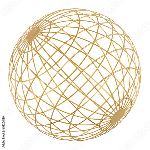 Abstract Golden Hollow Sphere. Lattice sphere, 3D rendering isolated on transparent background