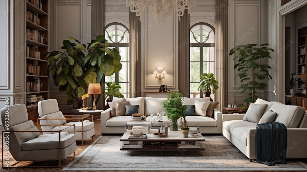 Elegant interior with a retro classical touch in the living room, showcasing loose furniture that enhances the overall sense of comfort and style.
