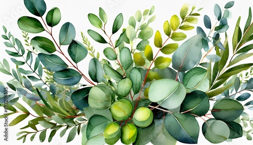 watercolor bouquet of leaves and eucalyptus branch botanical herbal illustration for wedding or greeting card hand painted spring composition on background realistic eucalyptus photo