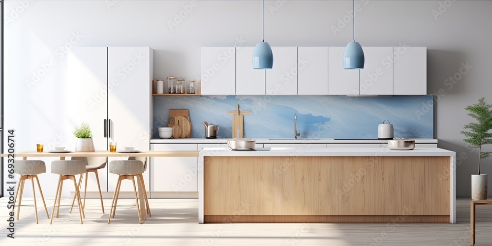 Modern white and blue kitchen with wooden accents, island and resin flooring. Japandi minimalism, . - obrazy, fototapety, plakaty 
