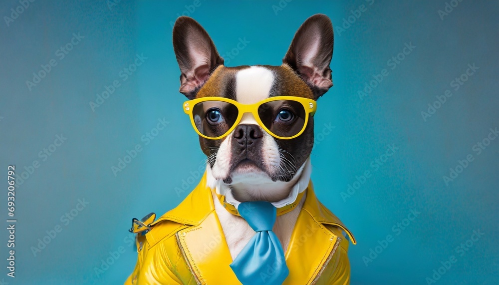 a portrait of a funky boston terrier dog wearing sunglasses yellow leather biker jacket and blue tie on a seamless blue background copy space for text banner generative ai technology