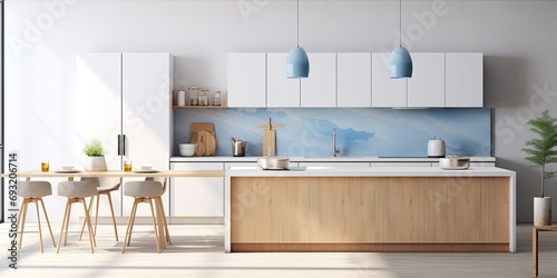 Modern white and blue kitchen with wooden accents, island and resin flooring. Japandi minimalism, .