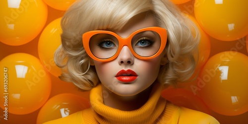 portrait of a orange dressed blonde retro style woman with glasses and red lips