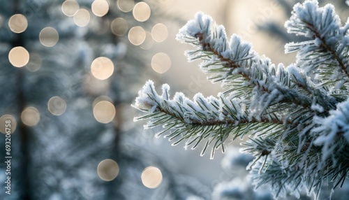 rime covered fir branches with bokeh in winter