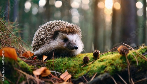 european hedgehog on a green moss in the forest cute funny animal with snipes hedgehog in dark wood autumn image generative ai photo
