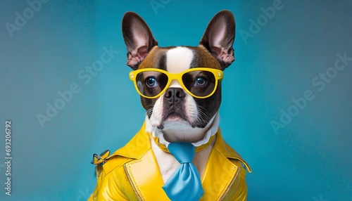 a portrait of a funky boston terrier dog wearing sunglasses yellow leather biker jacket and blue tie on a seamless blue background copy space for text banner generative ai technology © Kelsey