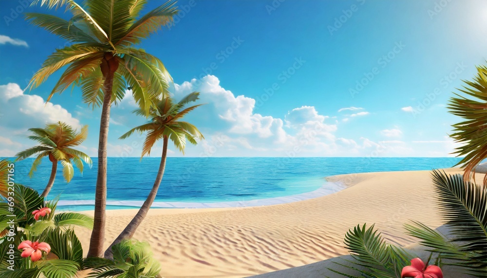 beach with palm trees ocean view summer 3d background illustration concept