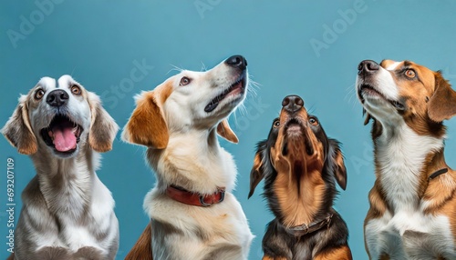 banner six hungry dogs looking up begging food on blue background