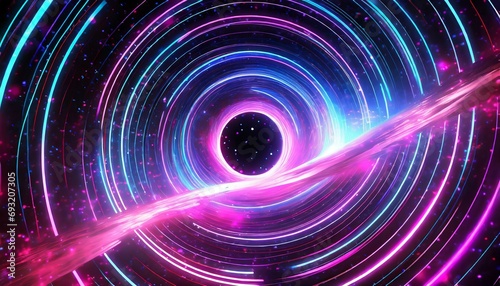 3d render abstract cosmic background with galaxy and stars round vortex pink blue neon lines spinning around the black hole
