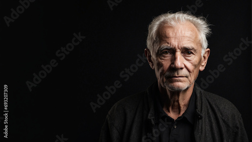 old man isolated in black background, backdrop with copy space