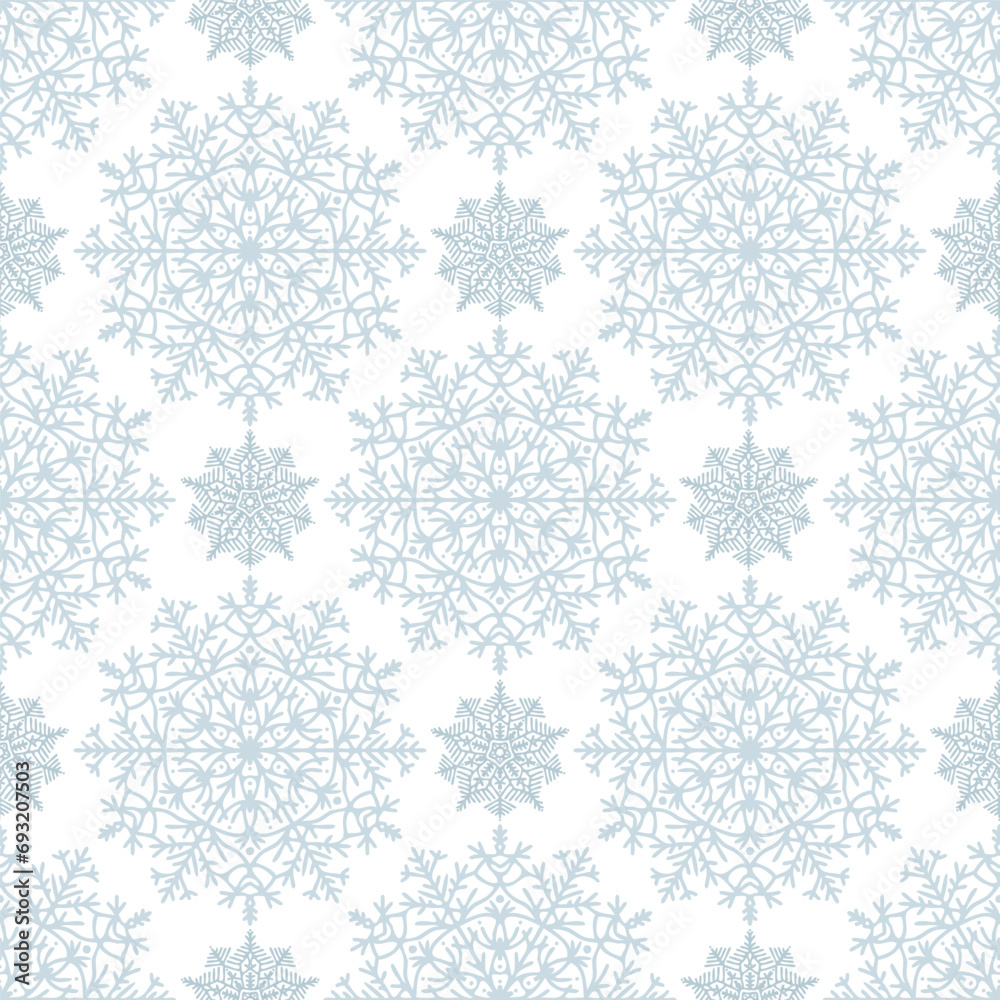 Wonderful flue snowflakes pattern. Seamless Christmas background. Idea for textile, cards and wrapping papier.