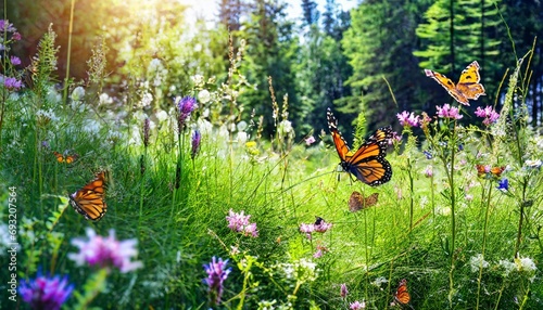 summer forest glade with flowering grass and butterflies on a sunny day