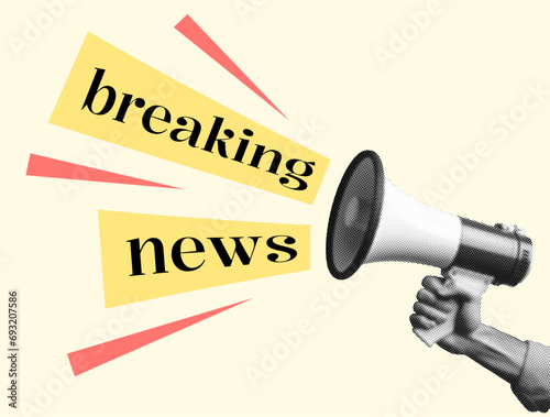 breaking news concept design with hand holding megaphone loudspeaker isolated on beige background black white effect dotted texture retro halftone collage cut-out element