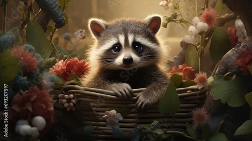  a raccoon is sitting in a basket surrounded by flowers and greenery, with a light shining on the raccoon's face and the raccoon's head.