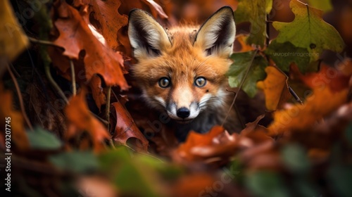  a close up of a fox peeking out of a pile of leaves with a blue eyed look on it's face, with a blurry background of autumn leaves.