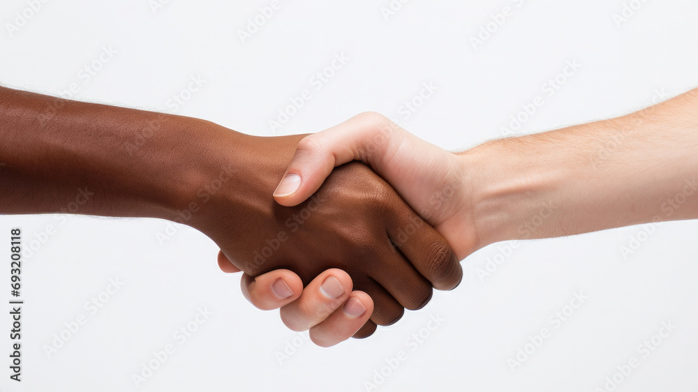 Close-up of two hands, handshake against white background. sense of partnership, greeting between two individuals from diverse backgrounds. Partnership, collaboration and cross-cultural communication Close-up of two hands, handshake against white background. sense of partnership, greeting between two individuals from diverse backgrounds. Partnership, collaboration and cross-cultural communication