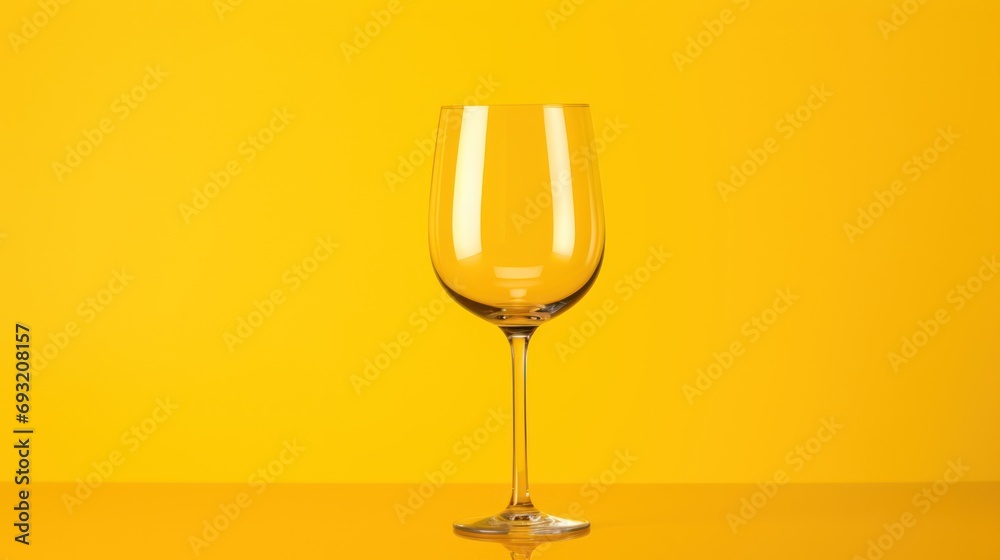  a close up of a wine glass on a table with a yellow wall in the background and a yellow wall to the side of the glass is half - filled with wine.