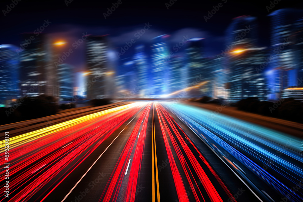 Cityscape with bright neon traffic stripes with long exposure. Cityscape with bright neon traffic stripes with long exposure.