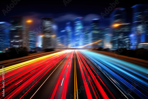 Cityscape with bright neon traffic stripes with long exposure.