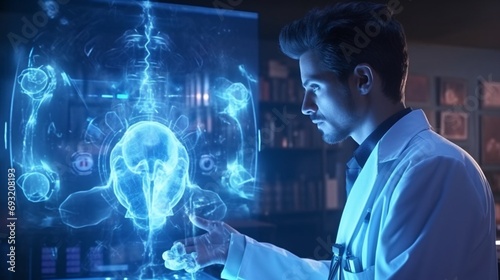 A doctor using 3D artificial intelligence, a blue light in the back, 4k , Generated AI