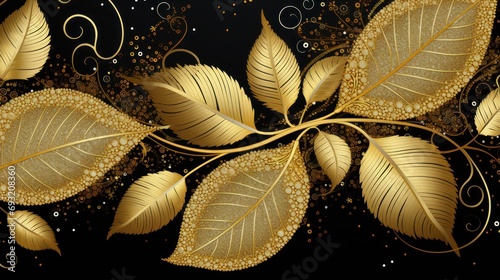  a painting of gold leaves and bubbles on a black background with gold swirls and bubbles on the bottom half of the image and the leaves