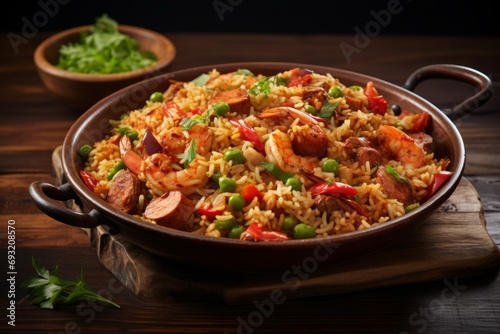 A delicious, homemade Jambalaya, showcasing a medley of fresh vegetables and a variety of meats, served in a rustic setting