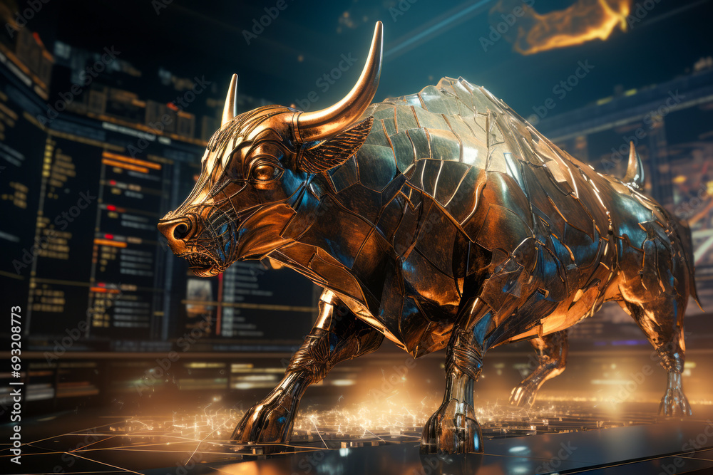 gold bull on chart background for business concept. Graph Stock Trading, crypto currency - obrazy, fototapety, plakaty 