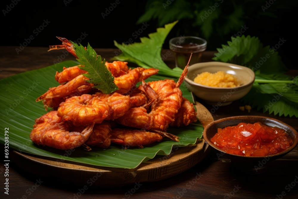 A bright and appetizing image of Ukoy - the classic Filipino street food, crispy shrimp fritters on a banana leaf with spicy dip A bright and appetizing image of Ukoy - the classic Filipino street food, crispy shrimp fritters on a banana leaf with spicy dip