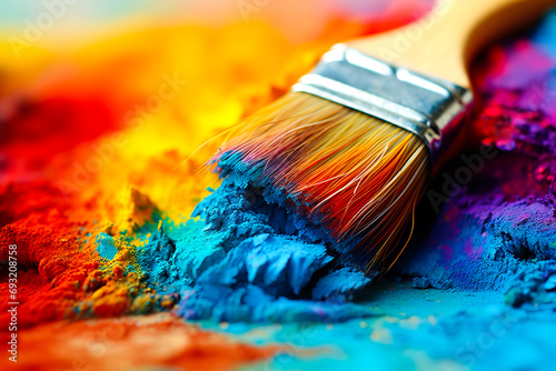 The brush lies on multi-colored dry paint.
