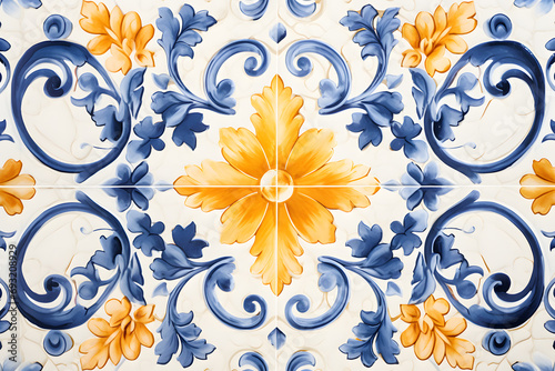 Rustic blue and yellow tile watercolor seamless pattern. Pattern of azulejos tiles  photo