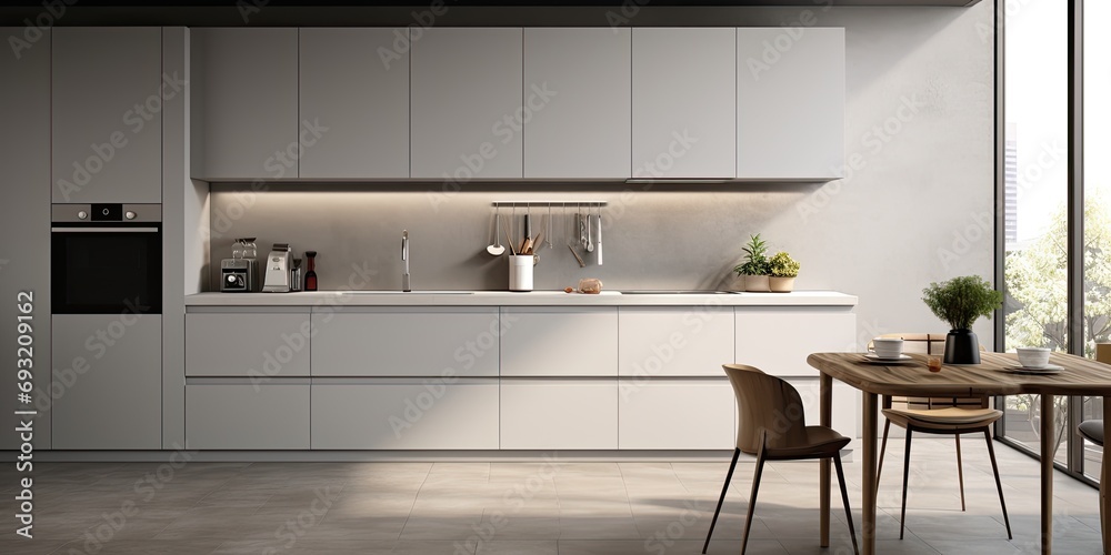 Modern grey kitchen with white furniture captured in a photograph Modern grey kitchen with white furniture captured in a photograph