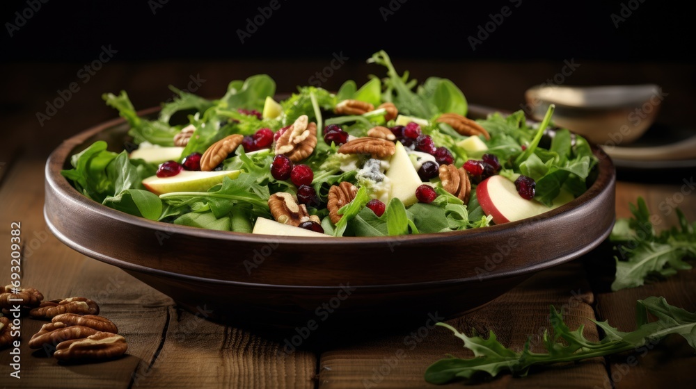 a salad with apples, cranberries, walnuts, and pecans in a wooden bowl on a wooden table next to a bowl of pecans and a spoon. a salad with apples, cranberries, walnuts, and pecans in a wooden bowl on a wooden table next to a bowl of pecans and a spoon.