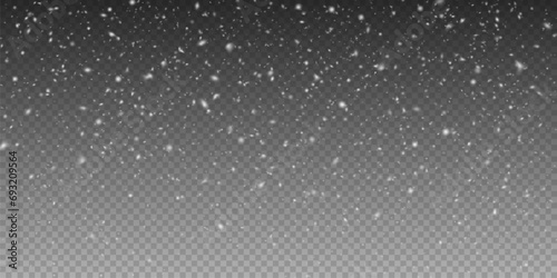 Christmas background with small falling snowflakes. Snow storm effect, blurred, cold wind with snow png. Holiday powder snow for cards, invitations, banners, advertising.