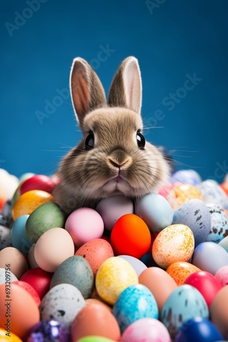 Easter bunny and easter eggs, Rabbit, Chocolate eggs, With blue background, Generated AI 