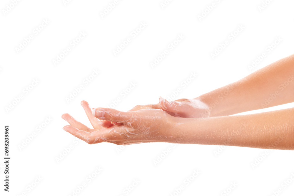 Health, soap and closeup of washing hands in studio for hygiene, wellness or selfcare. Grooming, cosmetic and zoom of person or model clean skin to prevent germs, bacteria or dirt by white background Health, soap and closeup of washing hands in studio for hygiene, wellness or selfcare. Grooming, cosmetic and zoom of person or model clean skin to prevent germs, bacteria or dirt by white background