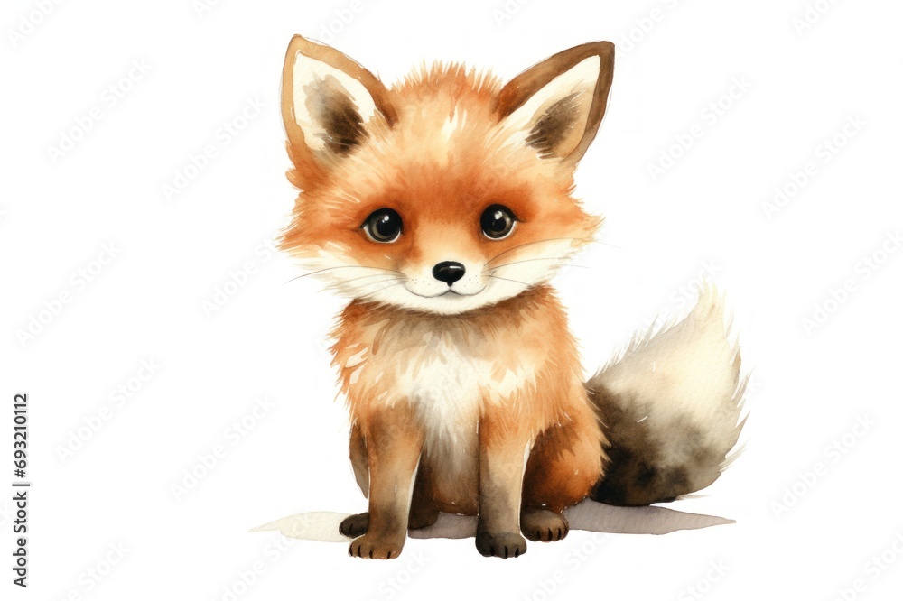 Watercolor Illustration of Cute Fox. Charming forest animal. Isolated on a white background. Ideal for kids books, educational materials, decor, decorative prints, greeting cards, scrapbooking